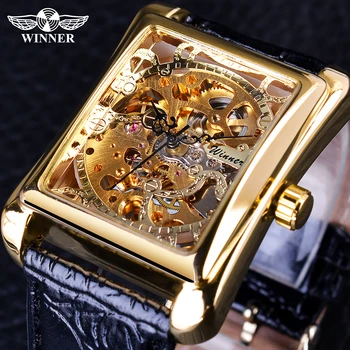 Winner 2023 Retro Casual Series Rectangle Dial Design Golden Pattern Hollow  Watch Men  Top Brand Luxury Mechanical
