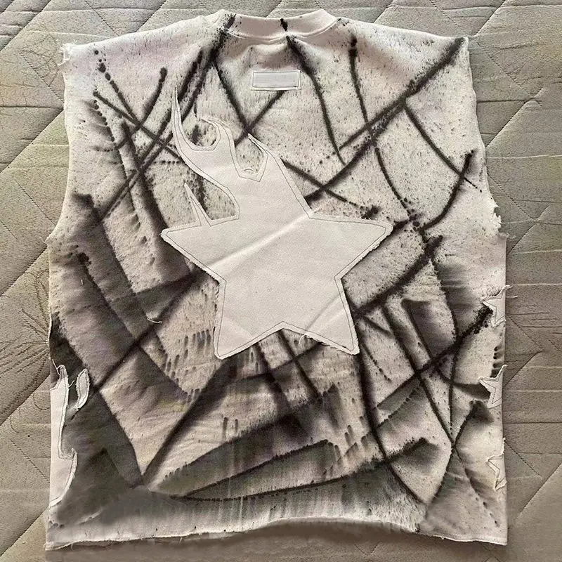 Custom Graphic Tie Dye Patchwork Embroidery Patch Sleeveless Cut and Sew T-shirt Cotton Screen Print Vest Tee for Men gallery 2