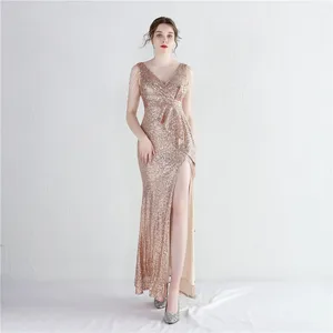 New Women's Sequined Evening Dress with a Sexy Deep V-neck, Long Party Gown for Banquets