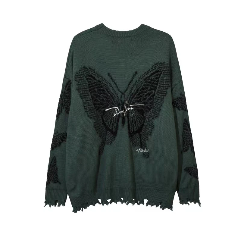 DiZNEW Unisex Custom Loose Knitted Sweater Butterfly patten Crew Neck Hollow Out Long Sleeve Vintage Sweater for Men details