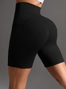 Custom 75% Polyamide 25%spandex High-waist Triangular Gusset with Pockets Training Gym Shorts for Women