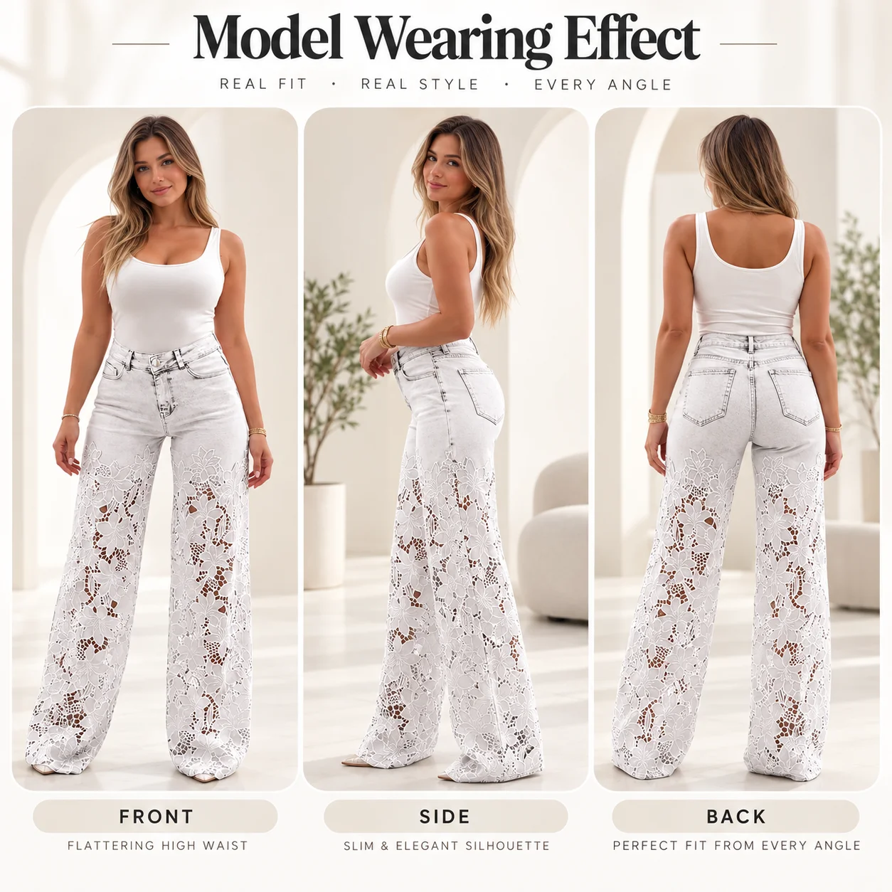 Women's Clothing High-waisted Wide-leg Pants Stylish Versatile Hollow Lace Splicing Denim Jeans