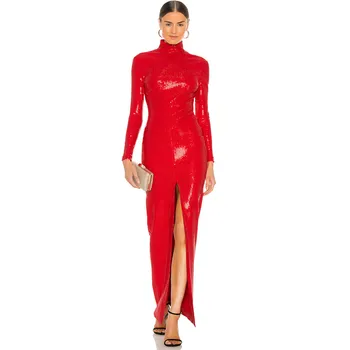 OEM women custom red sequin long sleeve sexy backless party bodycon evening maxi split dress gown