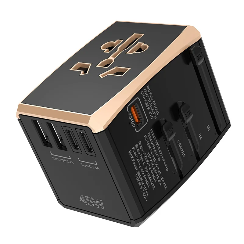 PD45W Fast Flash Charge Universal Travel Adaptor  Worldwide Travel Power Adapter AC Socket with 5 USB Ports