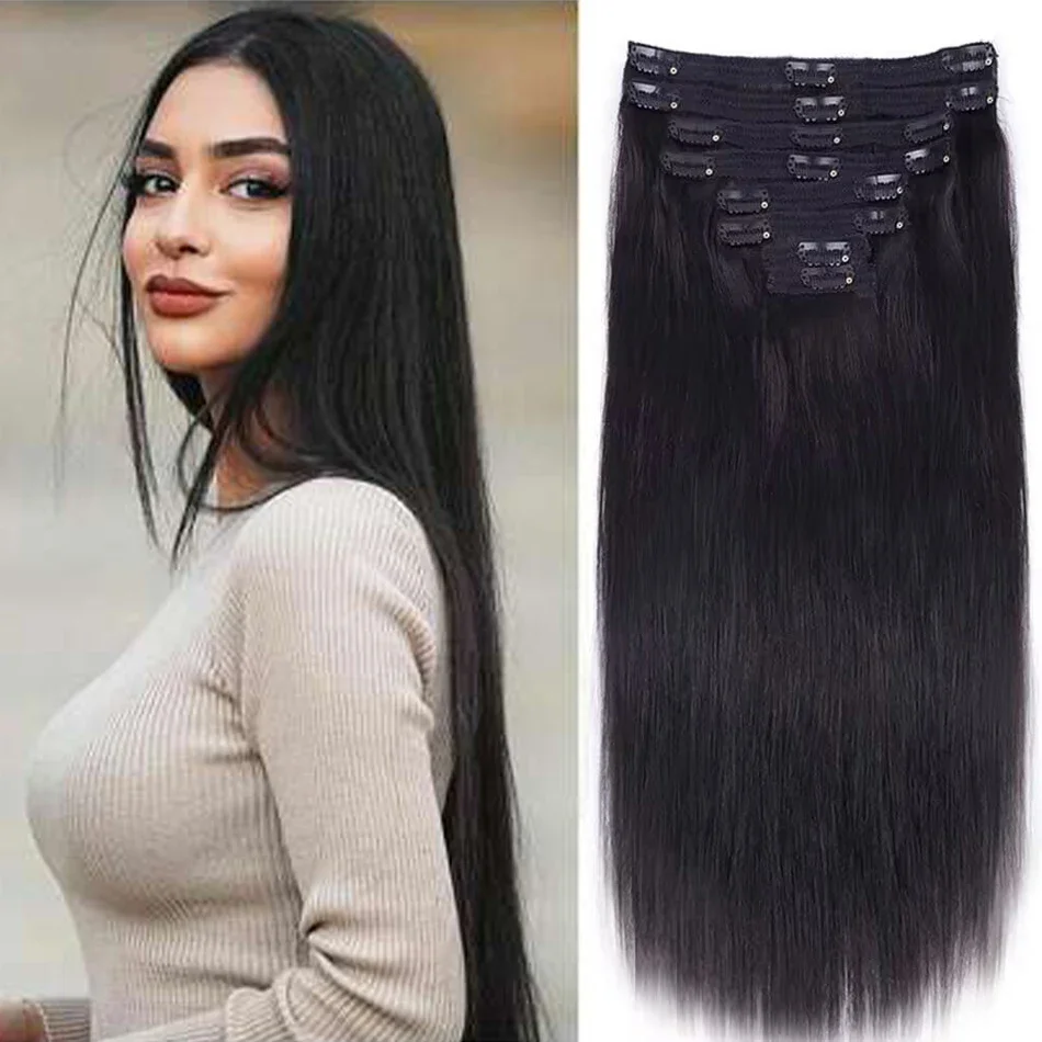 Extension per capelli con clip, capelli umani lisci, 10-26 pollici, brasiliano Remy, nero naturale_voghion.com