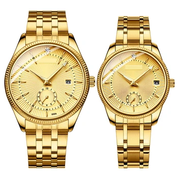 Hot Selling Couple Quartz Watches Stainless Steel Band Two Half Hands Waterproof Luxury Wrist Watch 3ATM Luxury Watch for Lover
