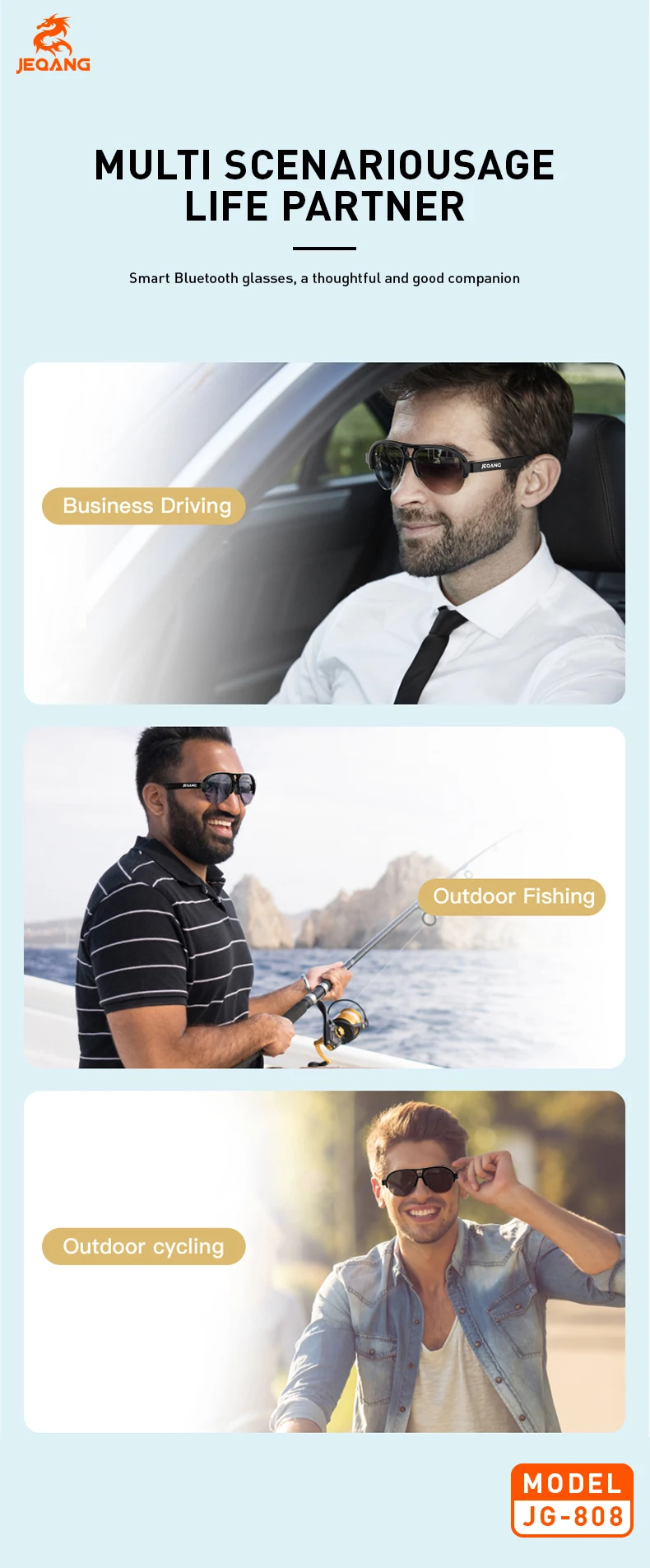 Jeqang-808 Smart Glasses New Release Intelligent Audio Harmful Light Blocking Clearer Field View IPX4 Waterproof Clearer Field