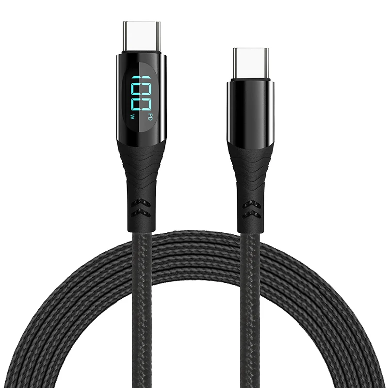 PD 100W 66W Nylon Braided USB-Type C LED Display Charger Data Cable 5A Fast Charging PVC Jacket USB C Phone Fast Charging Cable