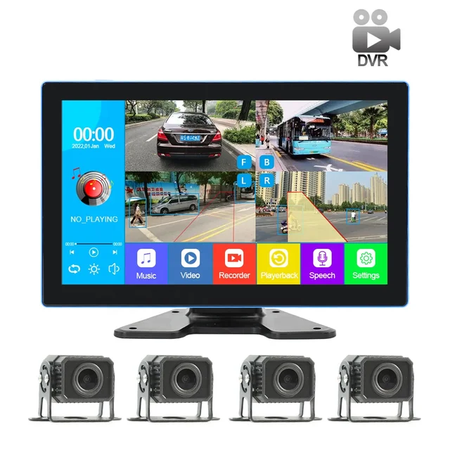 10.1 inch IPS Touch Screen Car Monitor 4CH Surveillance Camera AHD 720P With sound and light alarm function