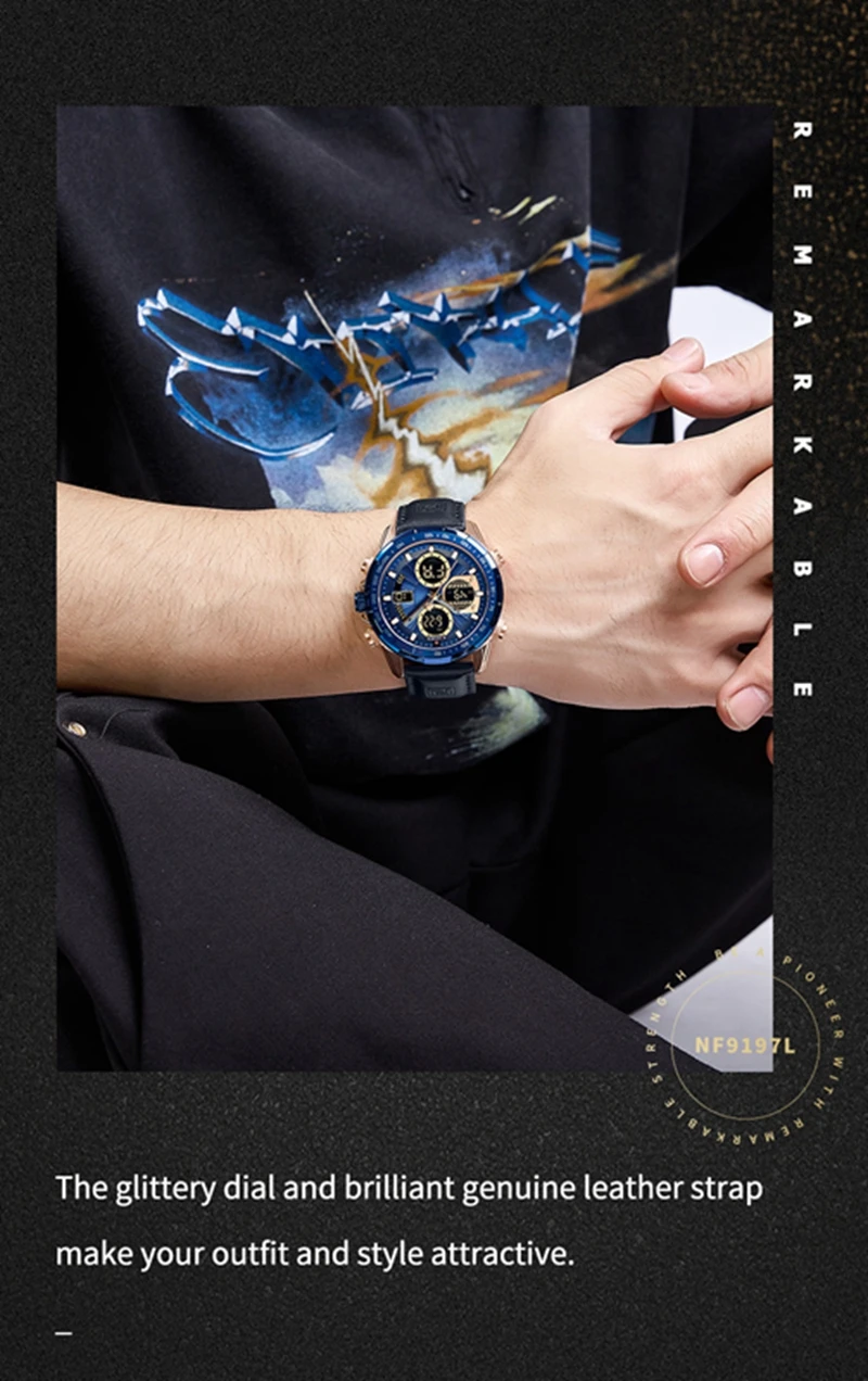 NAVIFORCE 9197L Quartz Watches Mens Luxury Sport Chronograph Waterproof Quartz Big Clock Digital Wristwatches Men Watch
