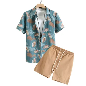 Men's Random Tropical Print Shirt with Drawstring Shorts Hawaiian/Casual Vacation Shirt Leaf Pattern Print No T-Shirt Required