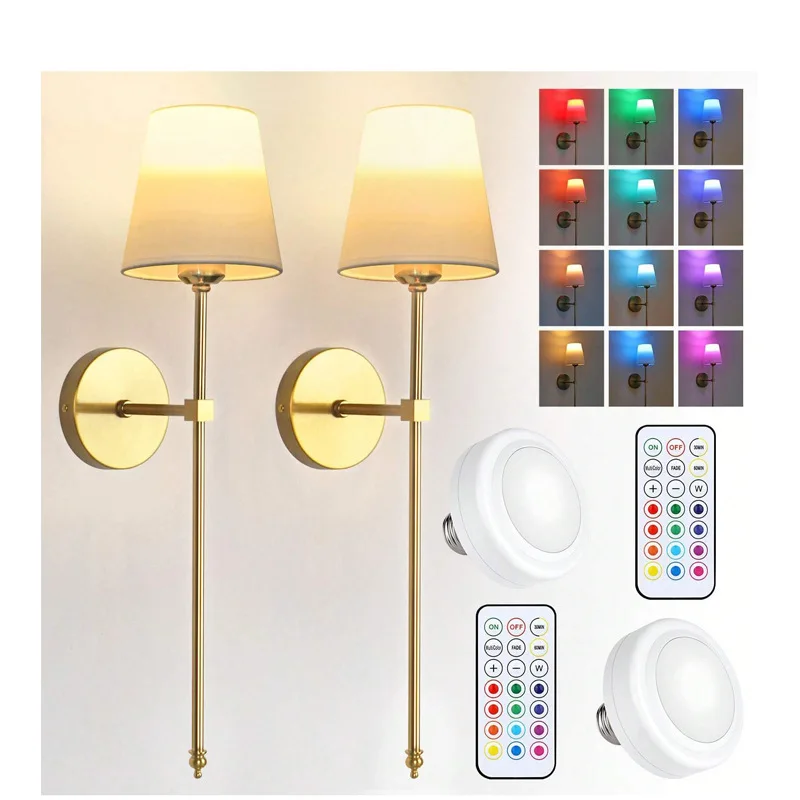 product living room indoor gold rgb dimmable wireless battery operated wall sconce with remote control set of 2 rechargeable wall lights-42