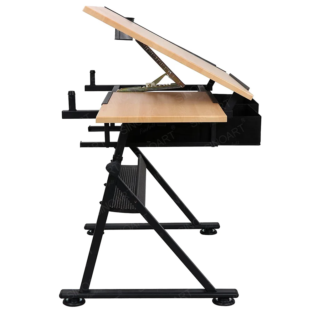 SINOART 2 Drawers Adjustable Tilting Drafting Table Wooden Adjusts Table Desk Architecture Drawing Tables Draw with Stool