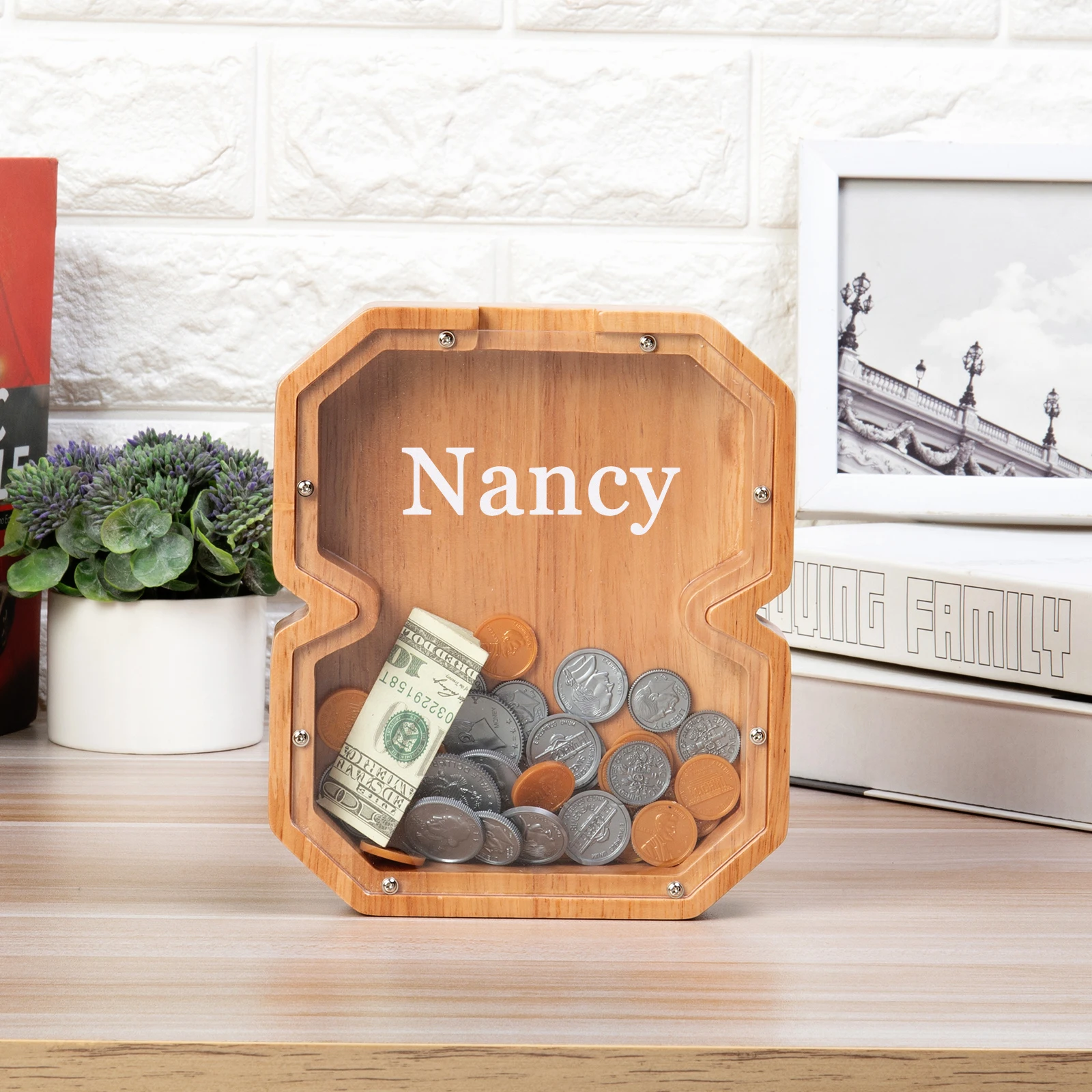 Цифровые деревянные копилки на заказ для детей, подарки с гравировкой имени на акриловых коробочках для денег