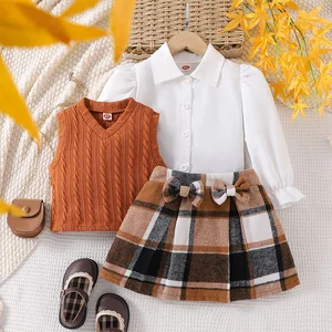 Casual Boutique 3-Piece Winter Clothing Set for Girls Long Sleeve Shirt Plaid Skirt Waistcoat Toddlers Clothes for Kids