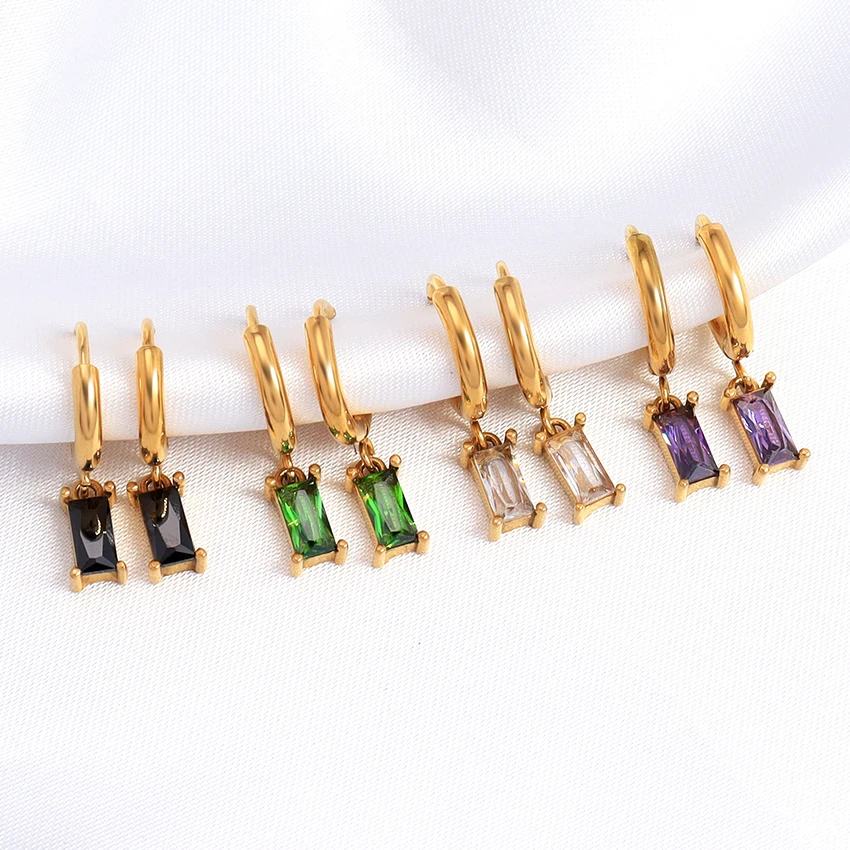 Vintage Style Earrings Hoop Bezel Jewelry Emerald Baguette Hoop Earrings Small Green Stone Crystal Gold Earring for Women