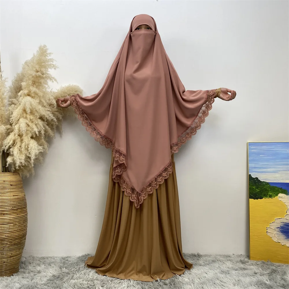 13 Colors Single Layer One Piece Tie up Nida Khimar Hijab with Niqab Lace Side Muslim Women Prayer Islamic Clothing