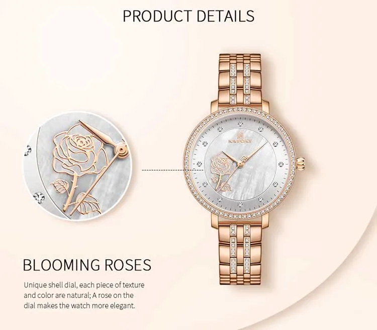 Naviforce NF5017 Elegant China Lady Quartz Watch Stylish Stainless Steel Band Waterprooffloral Design Simple Casual Wristwatch