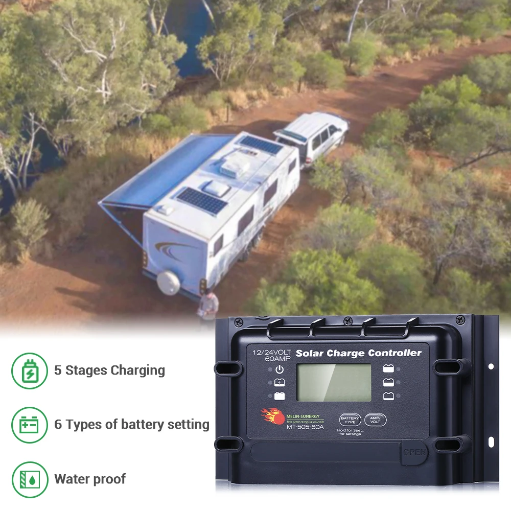 Smart Melinsunergy MT-515-60A 60A PWM Solar Charge Controller 12V/24V Remote 5 Stage Charging 5KW Max PV Power for