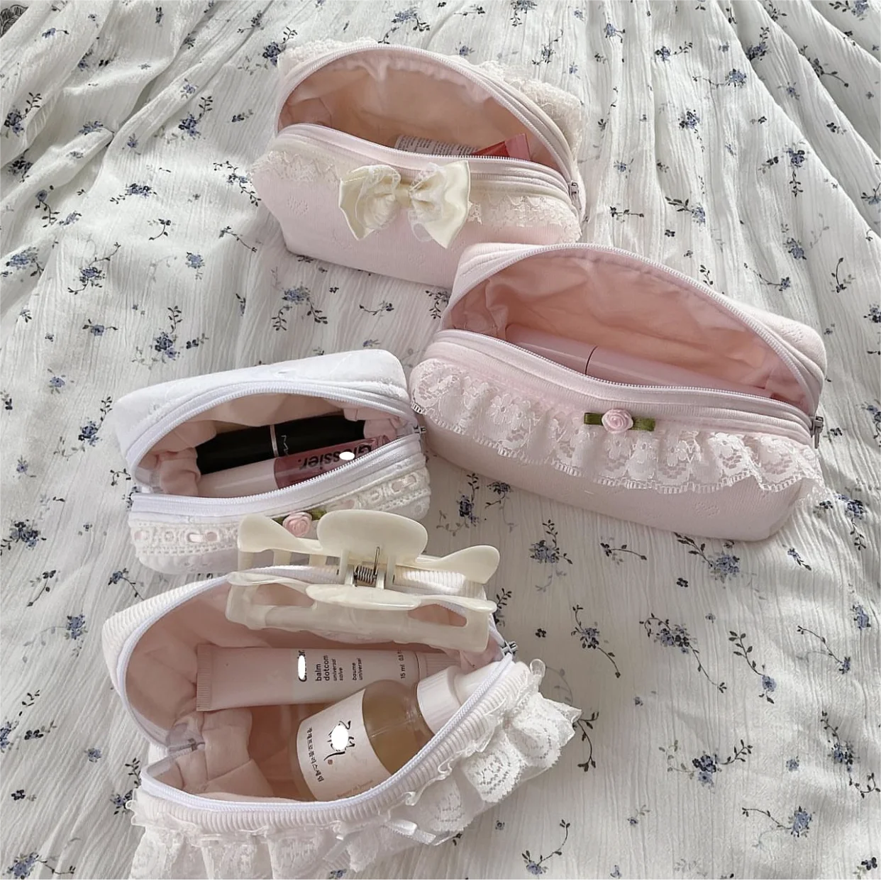 New Pointelle Cosmetic Bag Pink England Embroidered Toiletry Bags Frilly  Lace Trim Makeup Pouch