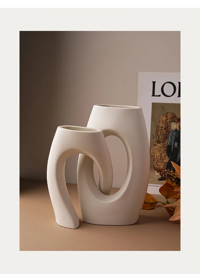Two Abstract Ceramic Vases Cutout Design Matte White Finish Modern Minimalist Home Decor Living Room Flower Arrangement Set