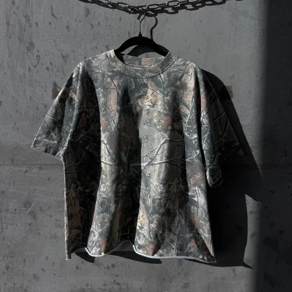 Tag-init na Pasadyang Organic Cotton na Camo Camouflage, Round Neck, Boxy Fit, Maikling Manggas na Tee na may Graphics para sa Lalaki