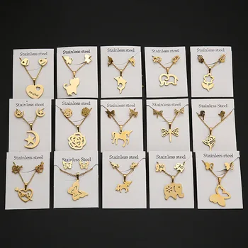 Water Proof New Fashion Bridal 18K Gold Stainless Steel Fish Bone Wing Horse Flower Pendant Necklaces And Earrings Set