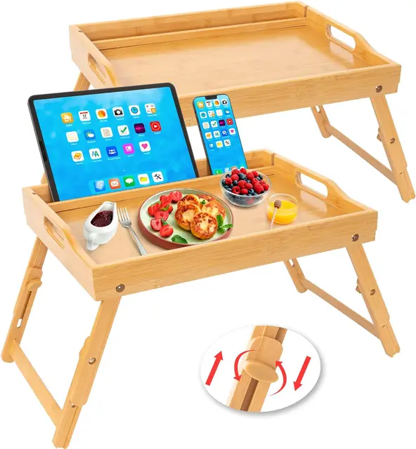 MDF PB 2 Pack Bed Tray Table with Handles Folding Legs Breakfast Food with Media Slot Tray Kitchen Serving Tray