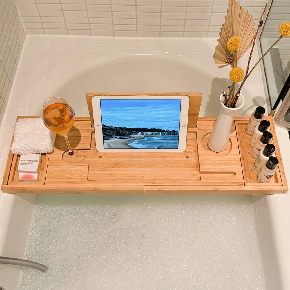 Luxury Bamboo Bath Tray Foldable Bathtub Tray Rack Expandable Bath Table for Accommodating All Accessories Bathroom Sets