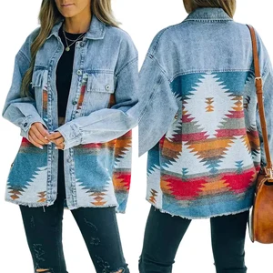 Women Western Aztec Print Denim Jacket Oversized Button Down Shacket with Geometric Pattern Spliced Raw Hem Coat