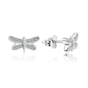 925 Sterling Silver Dragonfly Stud Earring Zirconia-Embellished Delicate Wings Nature-Inspired Ear Jewelry for Women