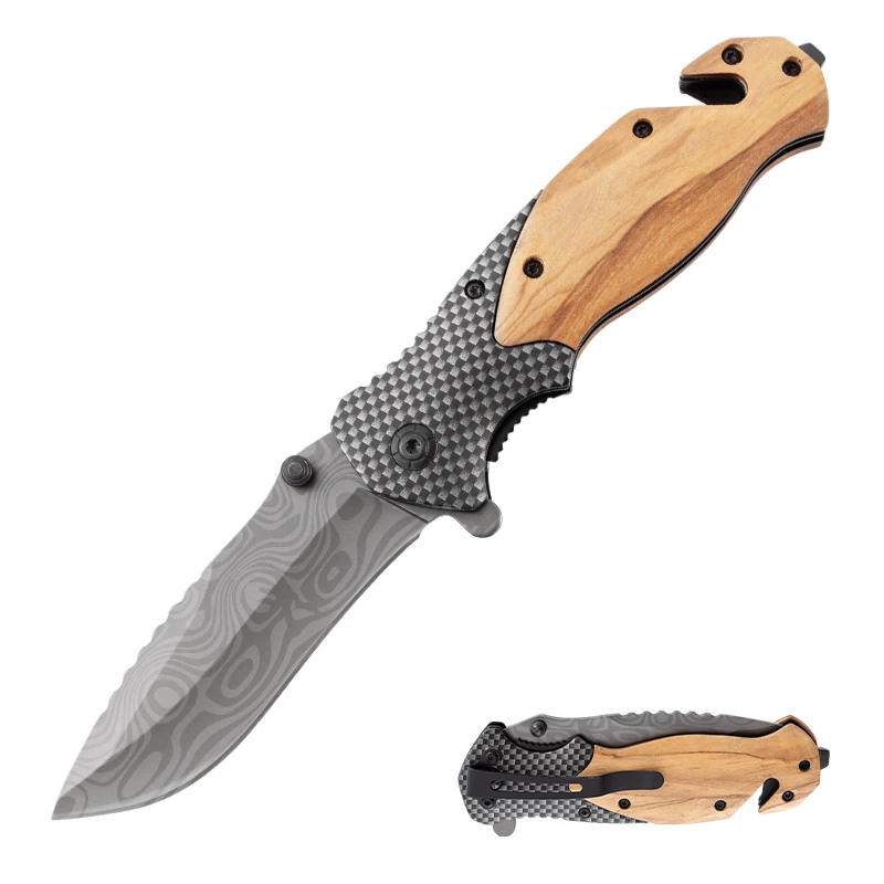 X50 Custom Damascus Laser Pattern Steel Knife Blade with Olive Wood Handle Outdoor Camping Survival Hunting Camping Pocket Knife