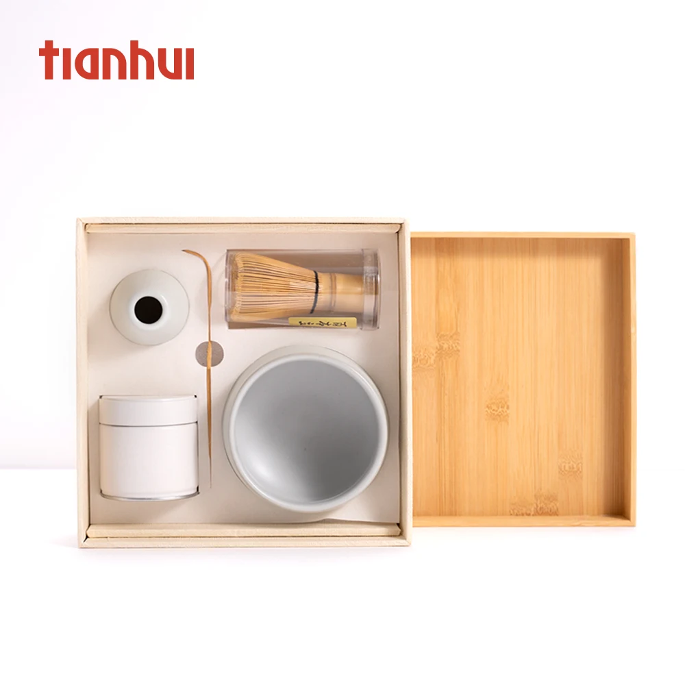 Bamboo Lid Paperboard Box Powder Whisk Bowl Green Tea Matcha Set