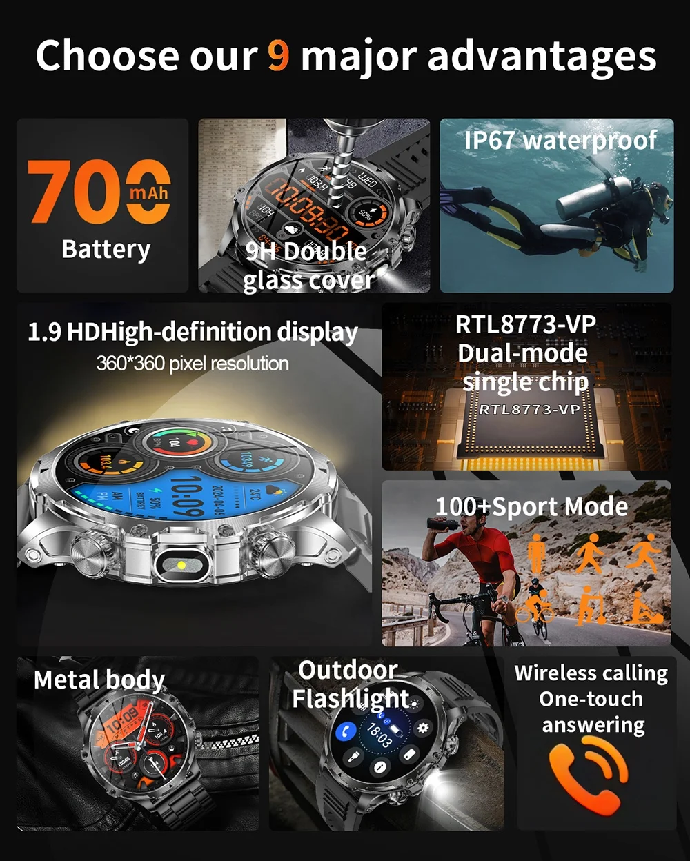 AK75スマートウォッチ メンズ スポーツ 1.85インチ大画面 フルタッチ