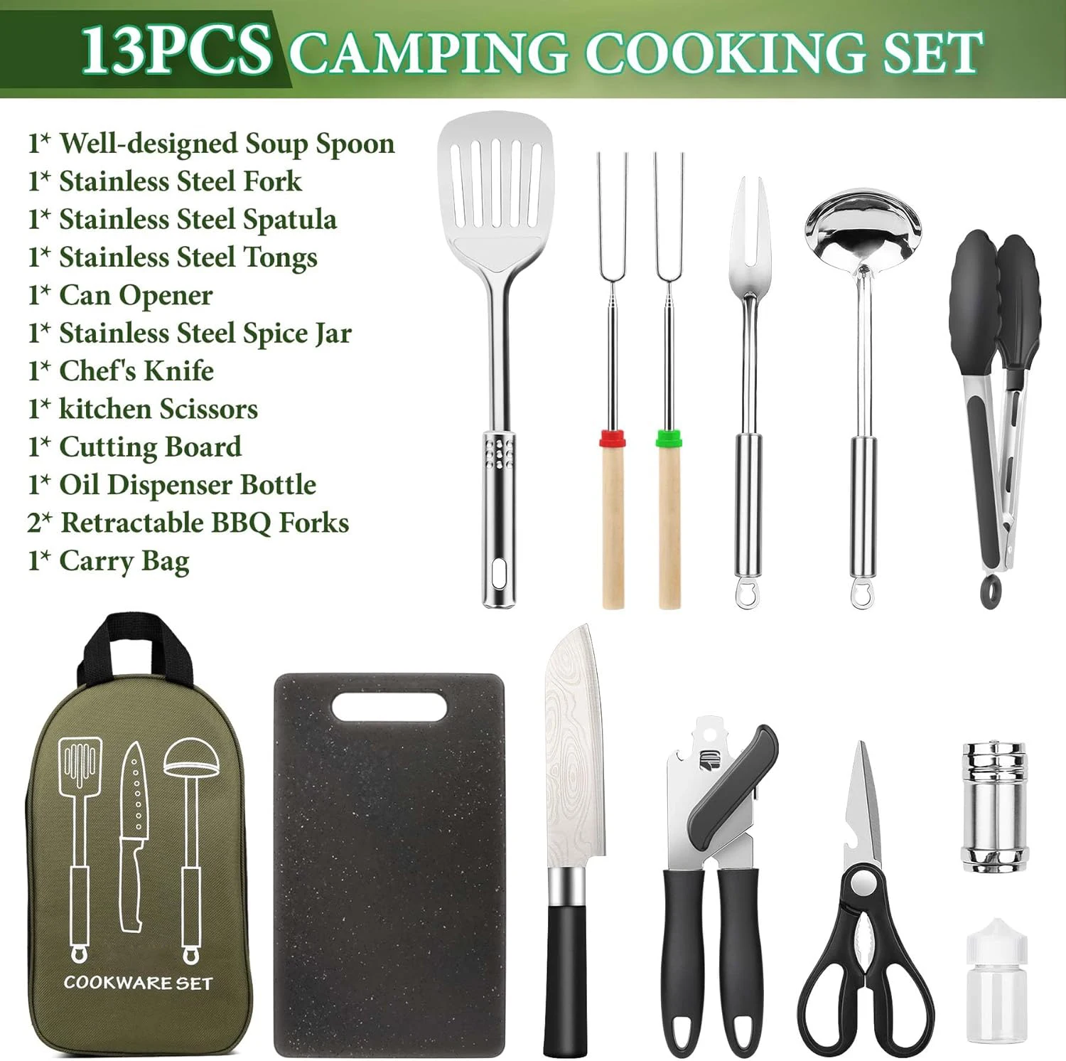 13pcs Camping Cooking Utensils Set,Stainless Steel Grill Tools,Camping