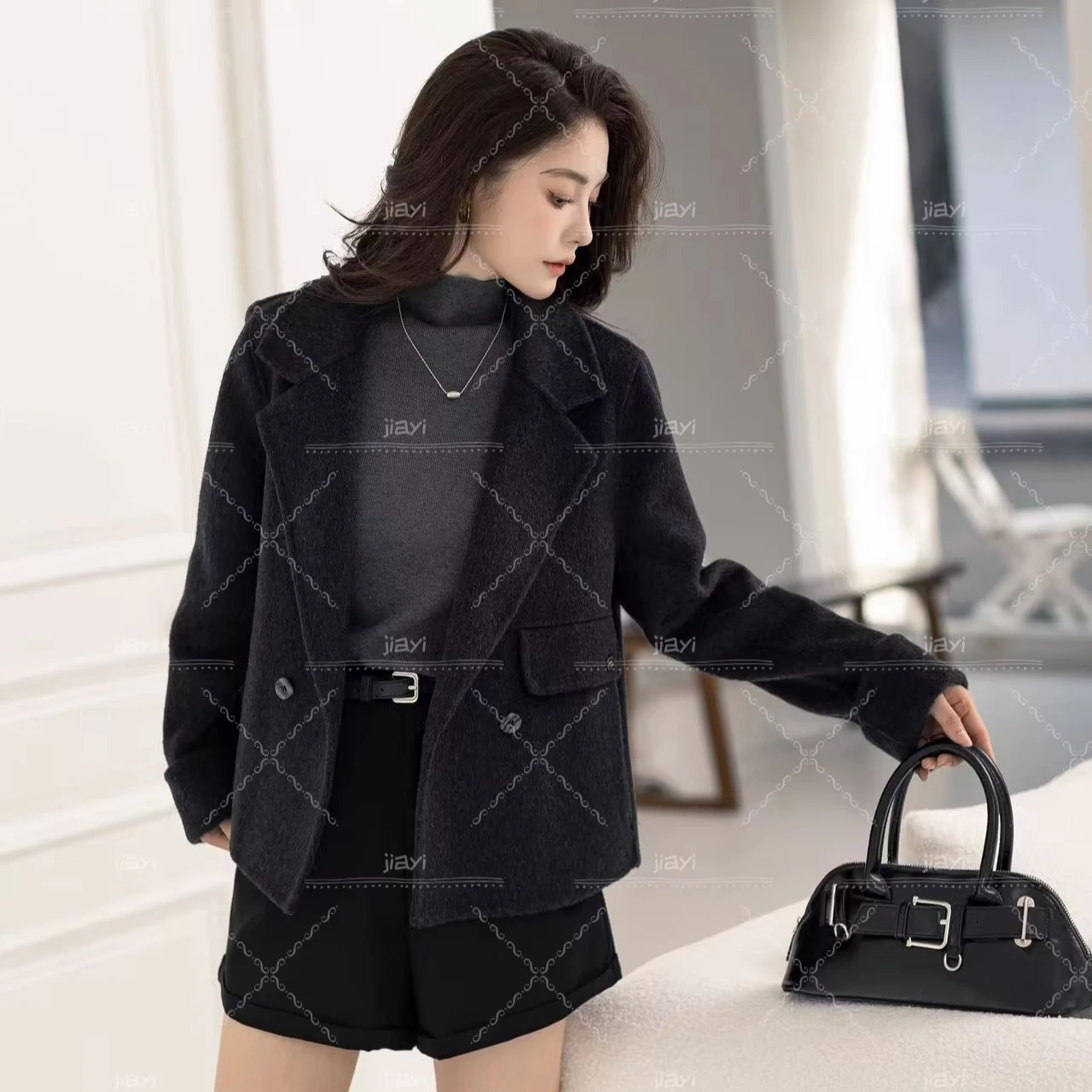 Handmade Women's Winter Double-Face Wool Coat Short Length Overcoat with Button Decoration Warm Style Wool & Blends