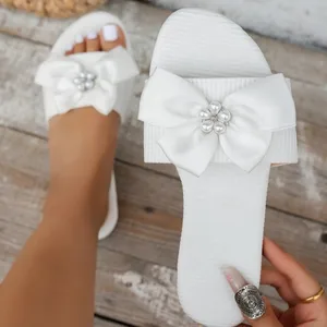 QuiteS 2026 Ladies Casual Office & Beach Sandals Sexy White Slip-On Flat Slides with Pearl Bowknot New Summer Fashion Design