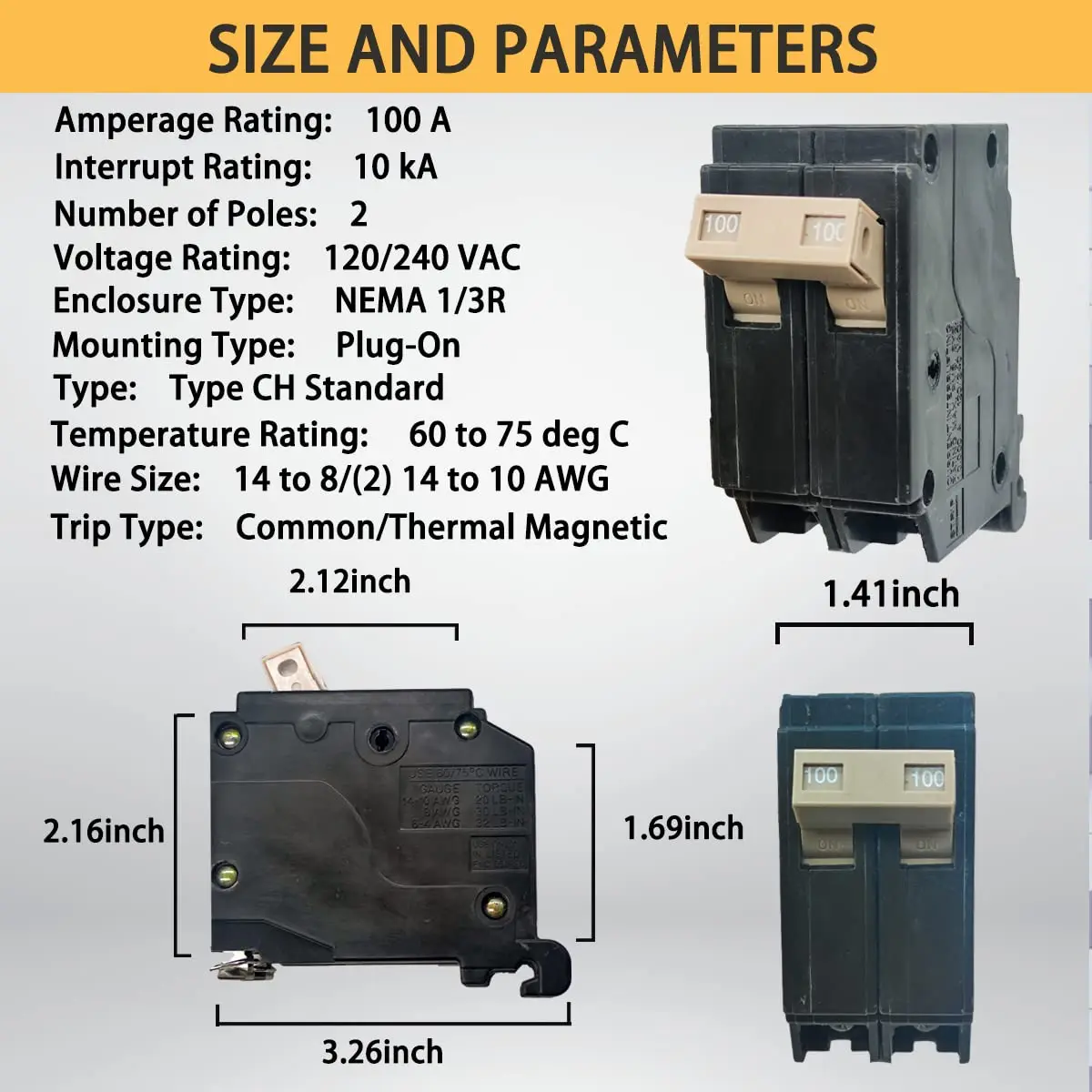 CH2100 2 Pole 100 Amp 2P 100A 120V 240V 10kA Thermal magnetic Circuit Breaker