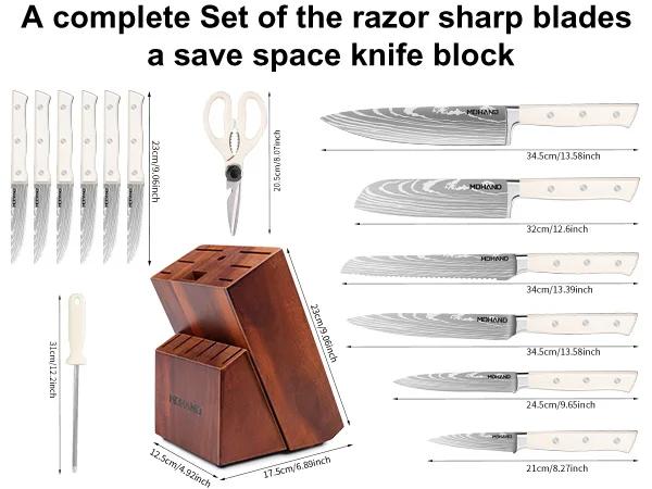 Conjunto de 14 facas de cozinha em aço inoxidável com afiador e cabo de madeira, incluindo facas de chef, santoku, pão, multiuso, bife, legumes e trinchar._voghion.com