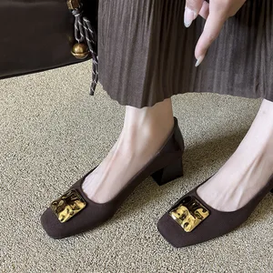 332-78 French Retro Metal Buckle High Top Slip-On square Thick Heel Shoes Women's High Heel Spring Autumn