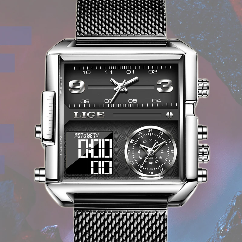 LIGE LG8925 Wholesale Price Watch for Men Waterproof Black Steel Mesh Wristwatch Quartz Analog Digital Watch Custom Logo OEM