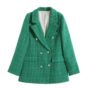 2026 Autumn New Women's Fashion Retro Slim Two-color Double-breasted Woven Lattice Pocket Texture Blazer