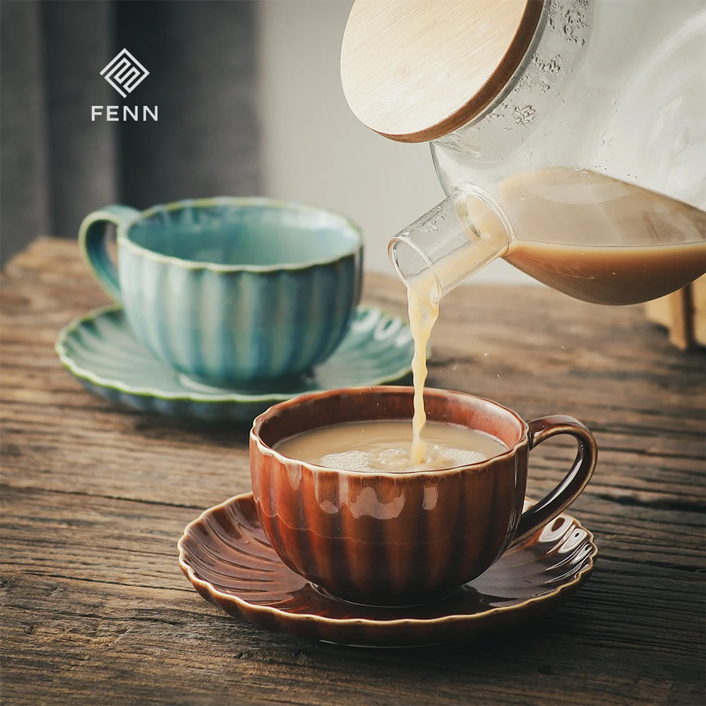 FENN top popular retro ceramic 250ml fambe begonia wholesale vintage tea coffee cup and saucer gift set custom