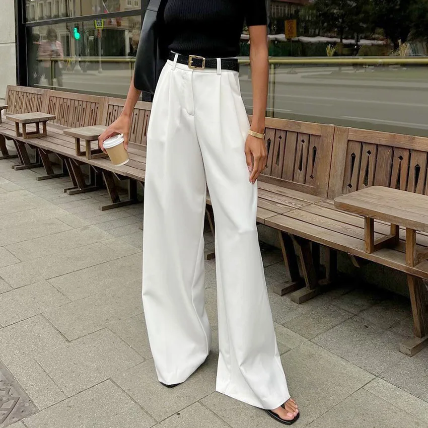 white dress pants high waisted Women's Wide Leg Dress Pants Casual Pants Elegant Fashion Simple Full Length High Waist Plain Comfort Casual Daily Business Black White Yellow Pink