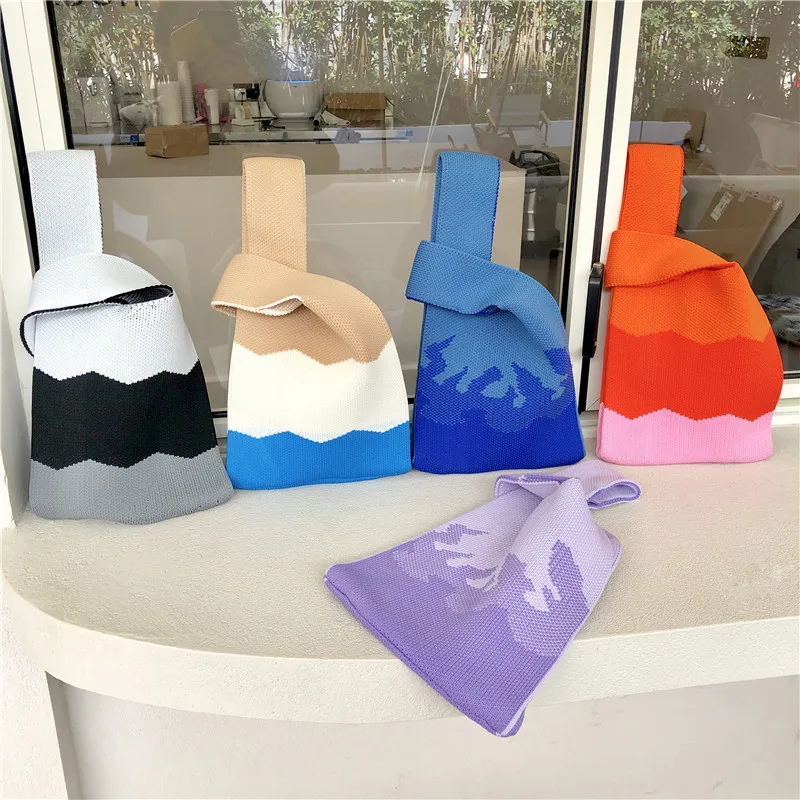 New Arrival Simple Rainbow Colorful Crochet Wave Women Handbag Knitted Shoulder Casual Lady Mini Portable Wrist Knot  Bag