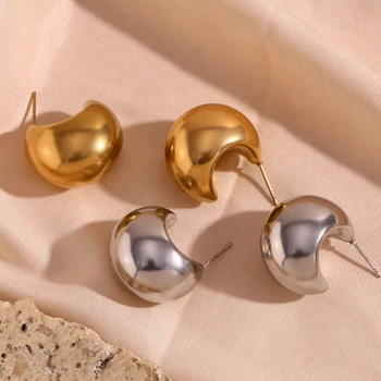 Dreamshow Hollow Out Moon Stud Earrings Chunky Gold Plated Earrings Stainless Steel Jewelry Gift Idea
