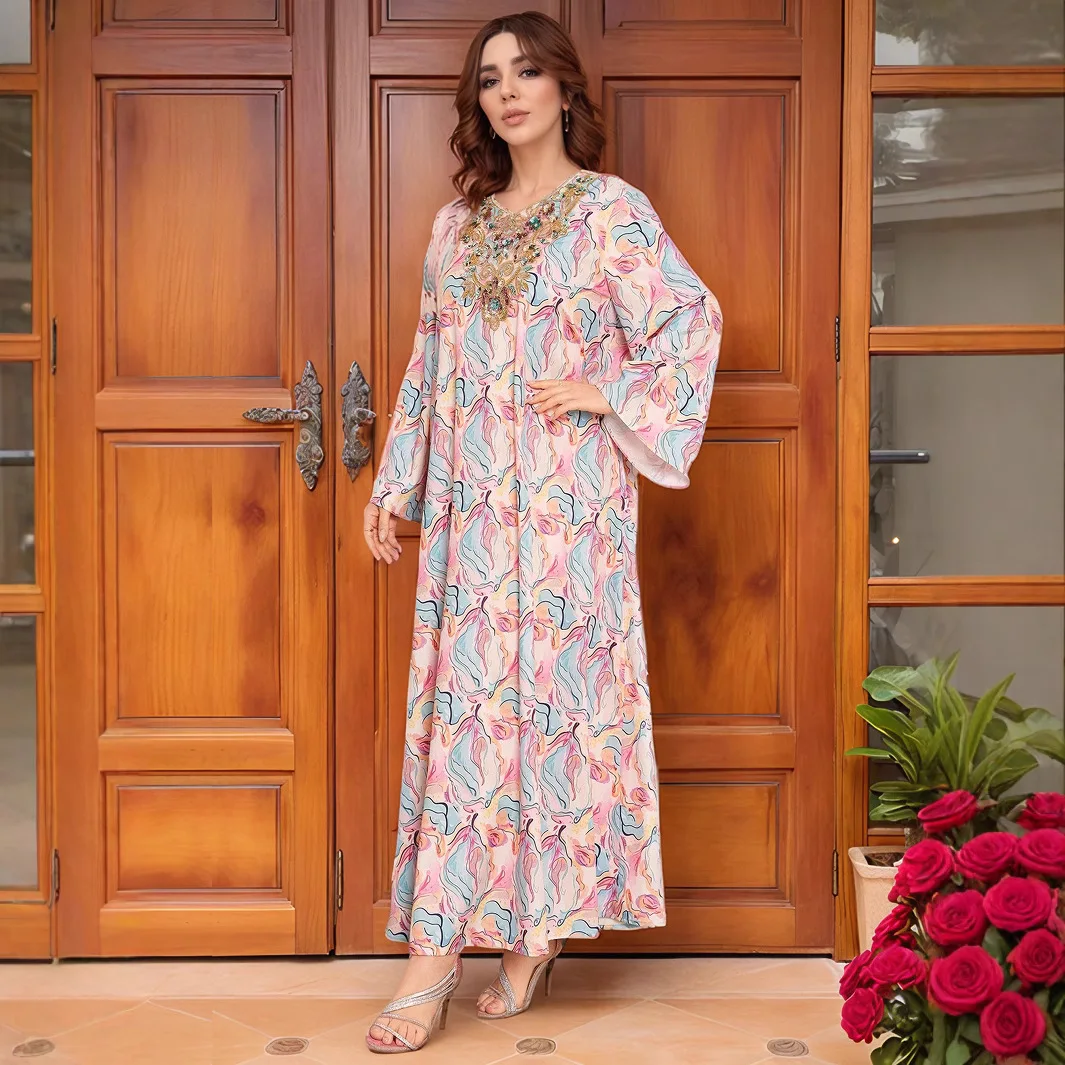 chinese dress ladies Women's Round Neck Embroidered Pleated Loose Dress