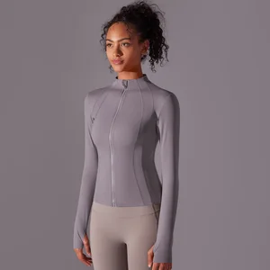 High Neck Zip-Up Solid Color Fleece-Lined Long Sleeve Yoga Jacket for Women Slim Fit Workout Top