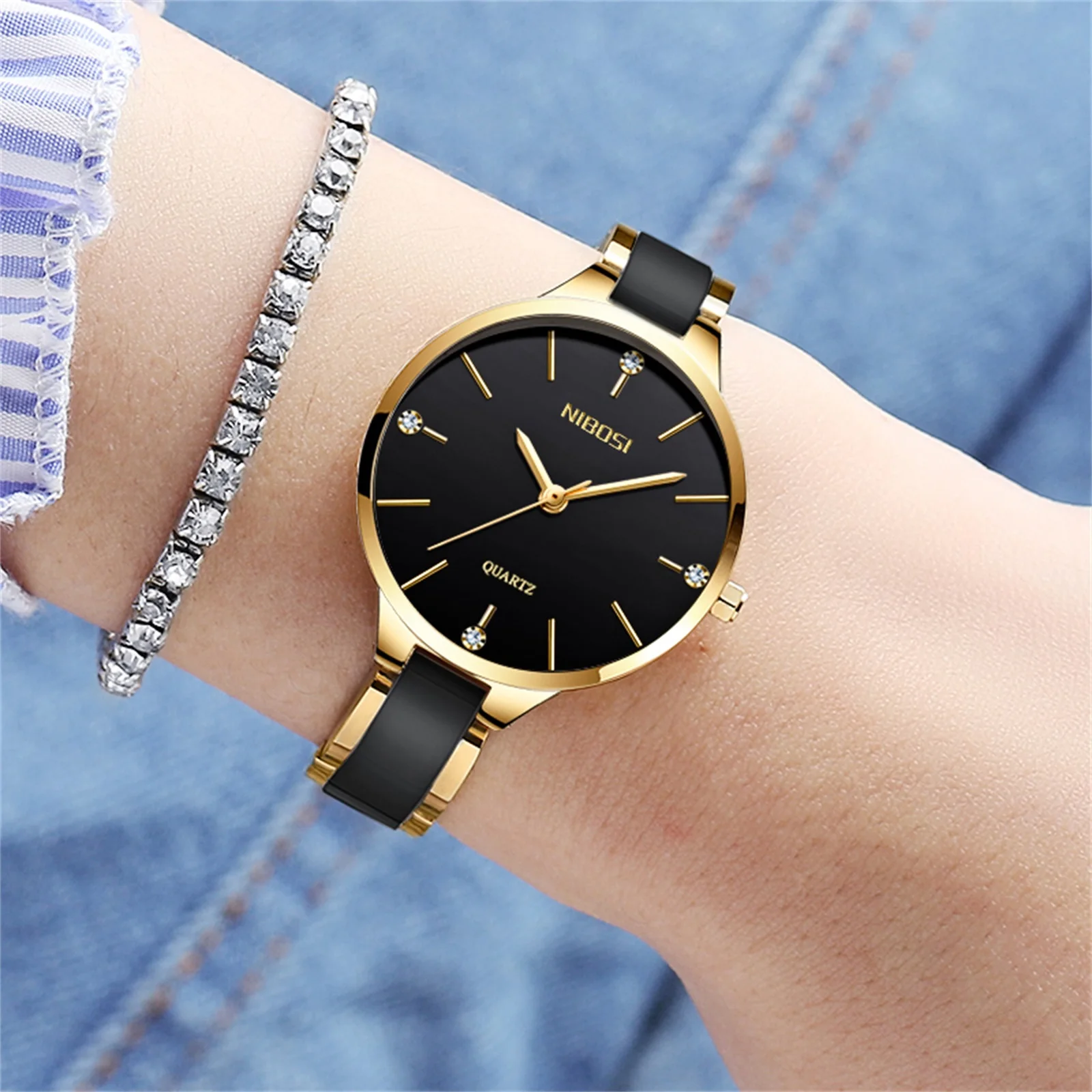 NIBOSI 2330 Simple Black White Design Womens Minimalist Quartz Watches for Girls Stylish