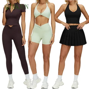 Wholesale Women Plus Size Active Wear Set 6 Pieces Gym Fitness Backless Deep V Neck Breathable Front Athletic Tennis Skirt Set